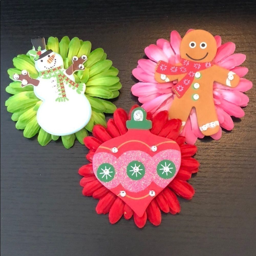 CHRISTMAS Handmade Embellished Hair Flower Bows Clips Set of 3